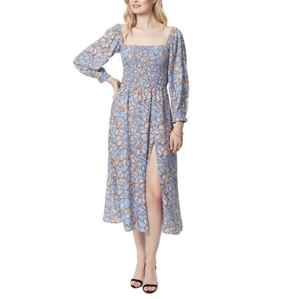 JESSICA SIMPSON Spenser Smocked Midi Floral Printed Dress Bel Air Blue Size S